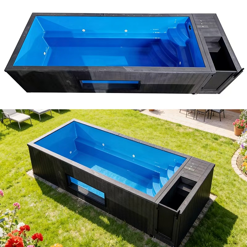 Factory Custom Shipping Container Swimming Pool with Tempered Glass Window Wooden Stairs Outdoor Modular Prefab Pool for Villa Backyard Resort