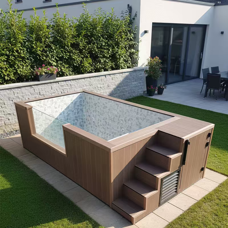 Factory Custom Shipping Container Swimming Pool with Tempered Glass Window Wooden Stairs Outdoor Modular Prefab Pool for Villa Backyard Resort 