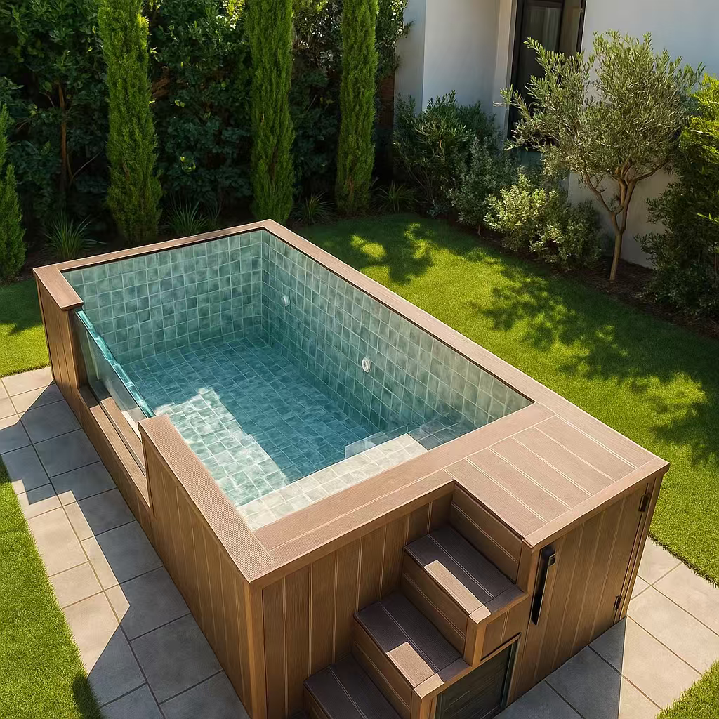 Factory Custom Shipping Container Swimming Pool with Tempered Glass Window Wooden Stairs Outdoor Modular Prefab Pool for Villa Backyard Resort 